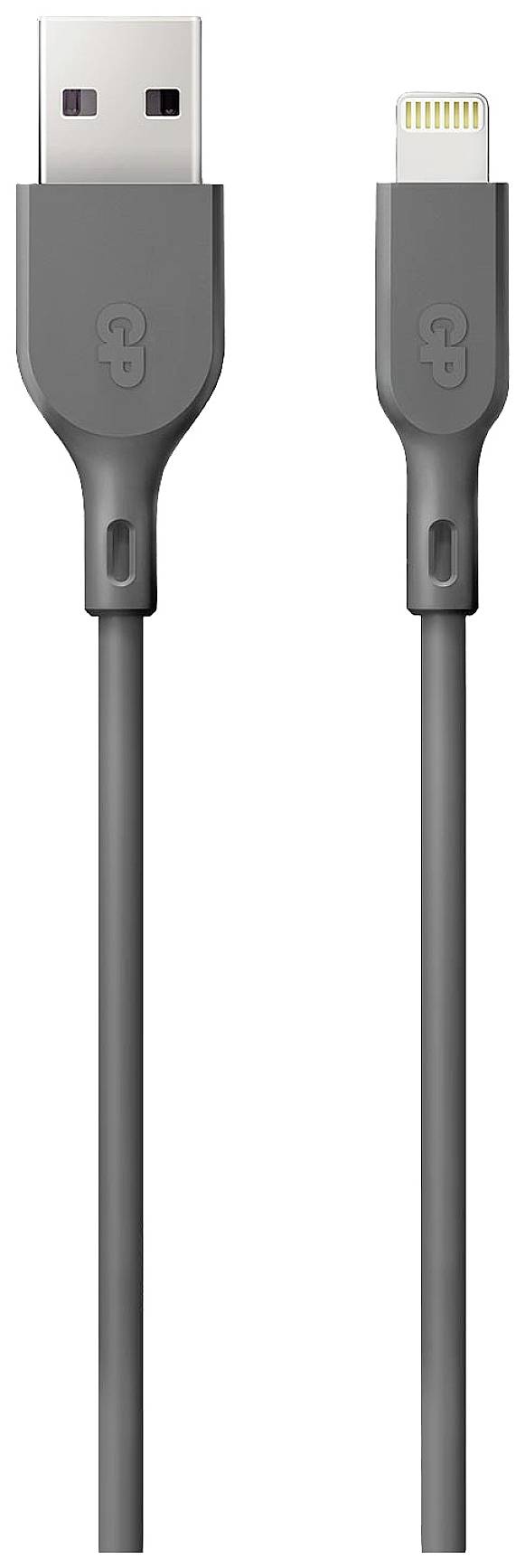 Grey USB cable with two connectors: a USB-A port on the left and a Lightning connector on the right.