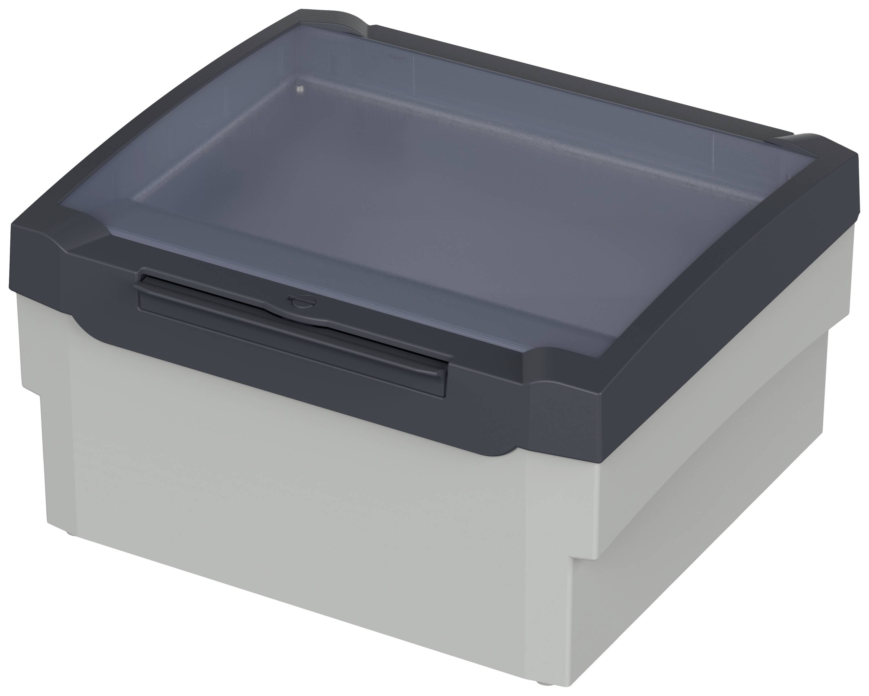 Grey storage box with a transparent lid and black frame, suitable for organising small items.