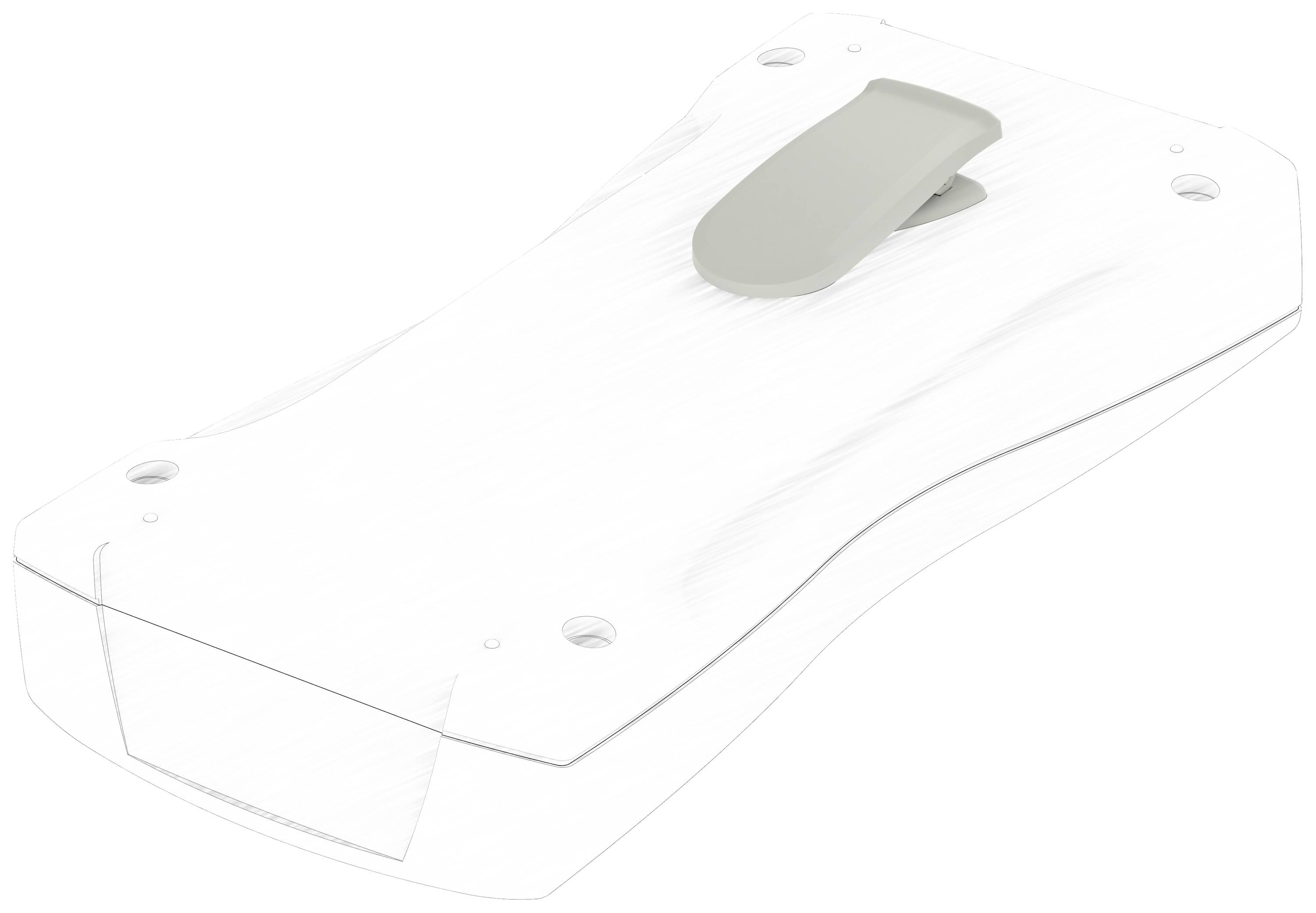 A rectangular, flat, white device with a grey clip holder on the top, presumably portable and designed for mobile use.