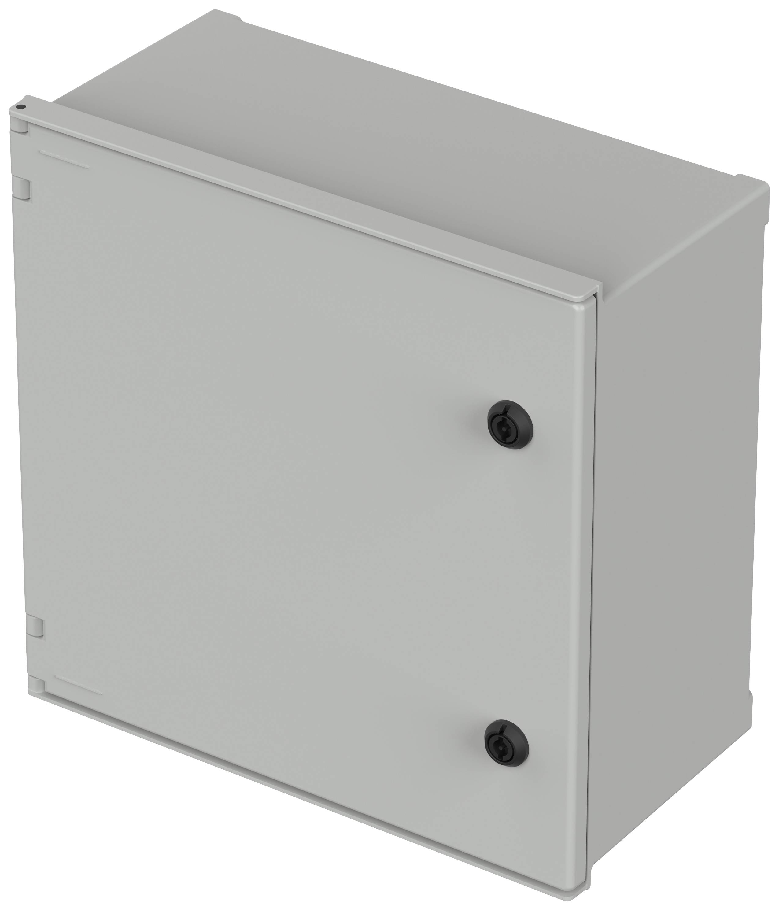 Metal housing with two black closure buttons on the front.