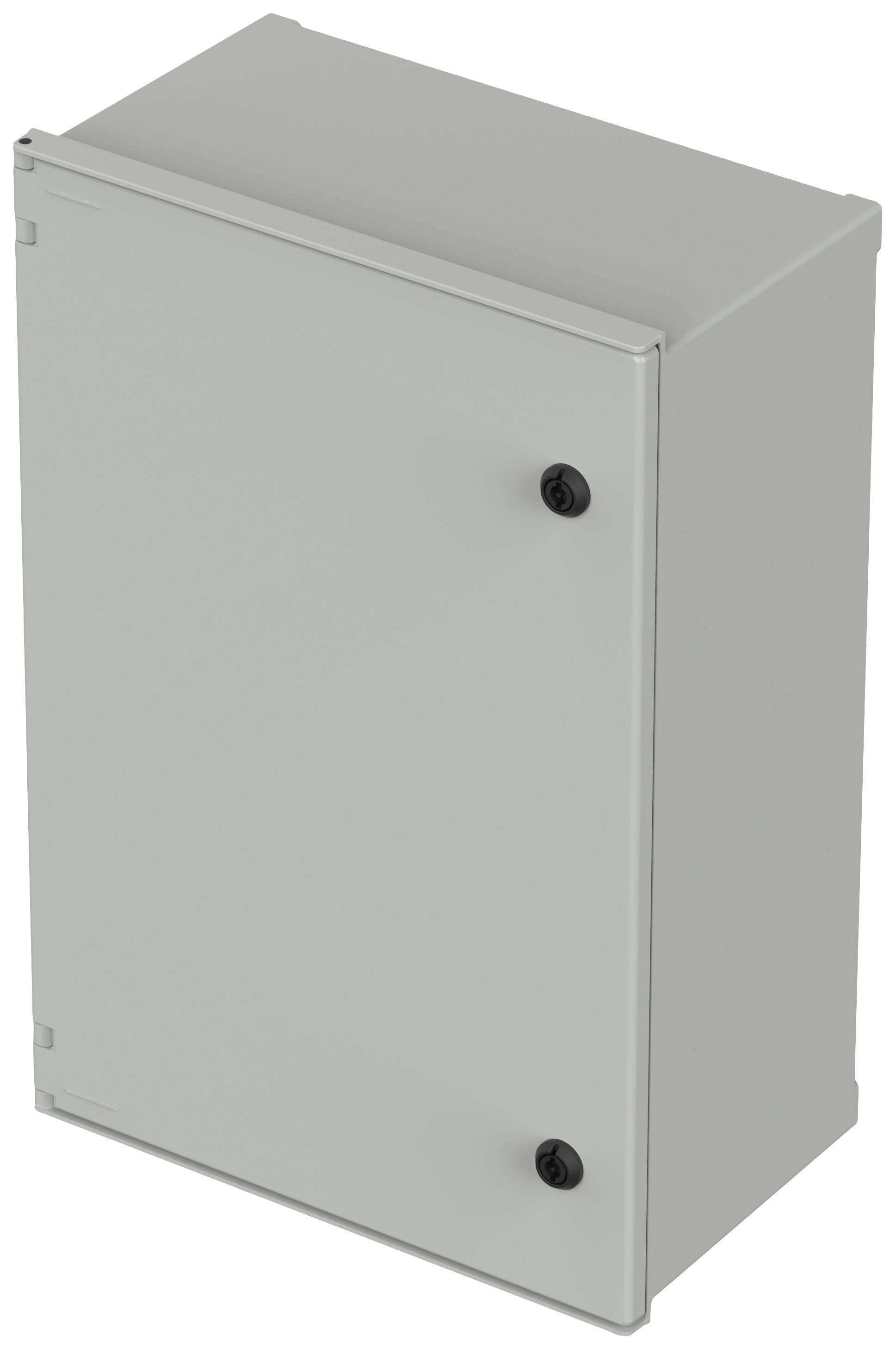 A rectangular, grey control box with two black rotary knobs, a closed door, and a smooth surface.