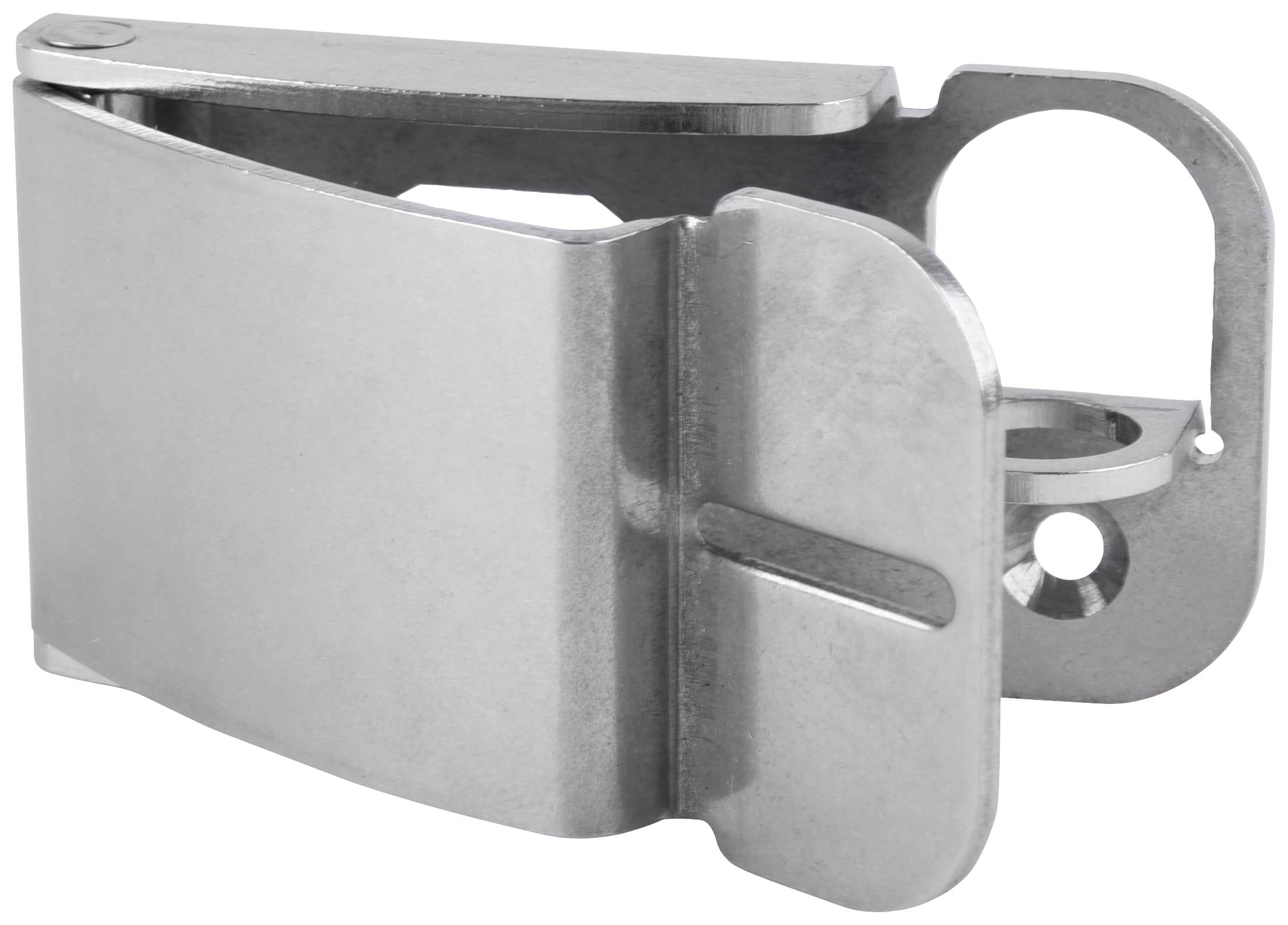 A silver metal hinge with moving parts and a circular opening, used for fastening or pivoting.
