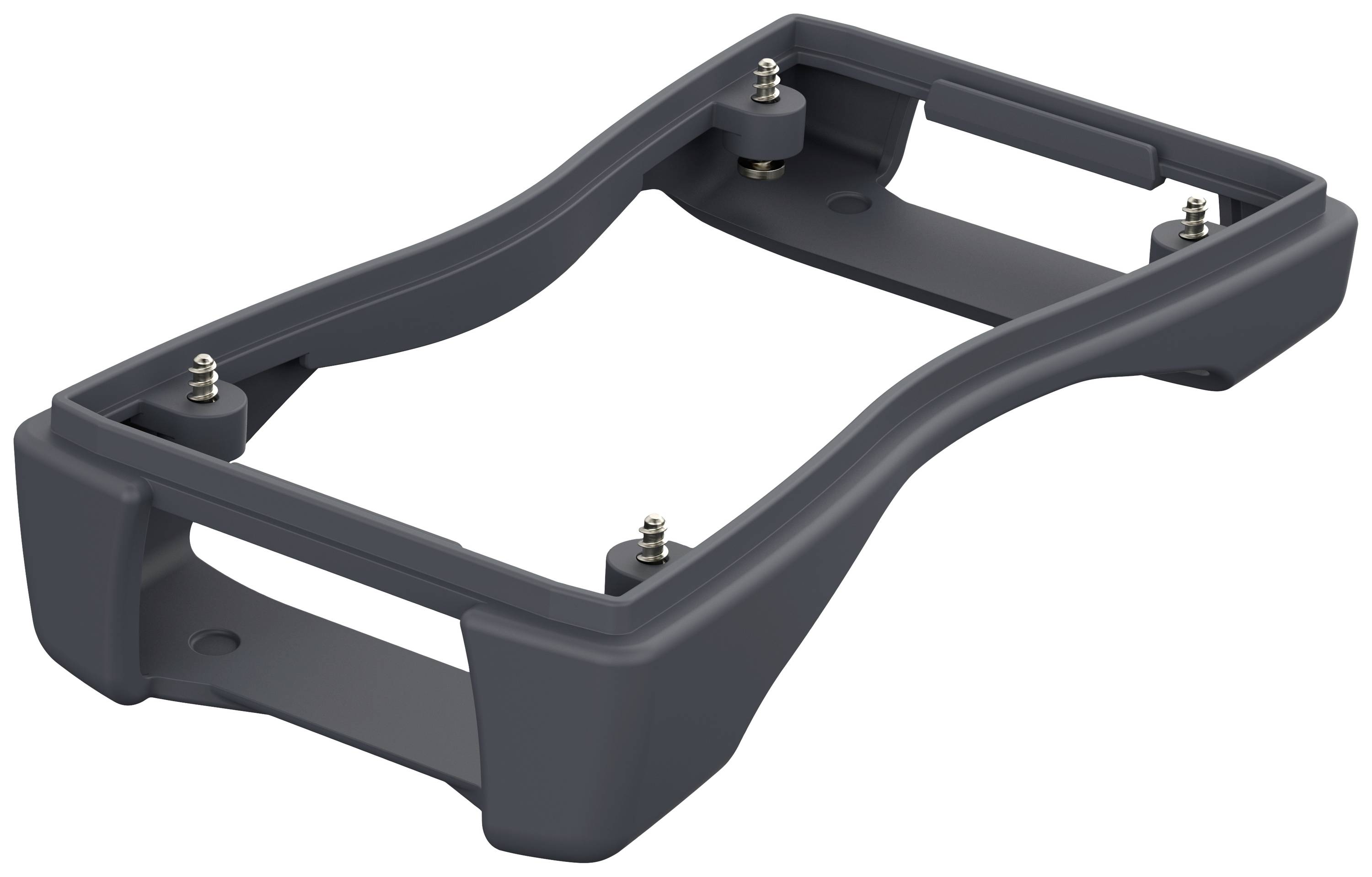A black, rectangular mounting frame with four screws in the corners, suitable for electronic devices.