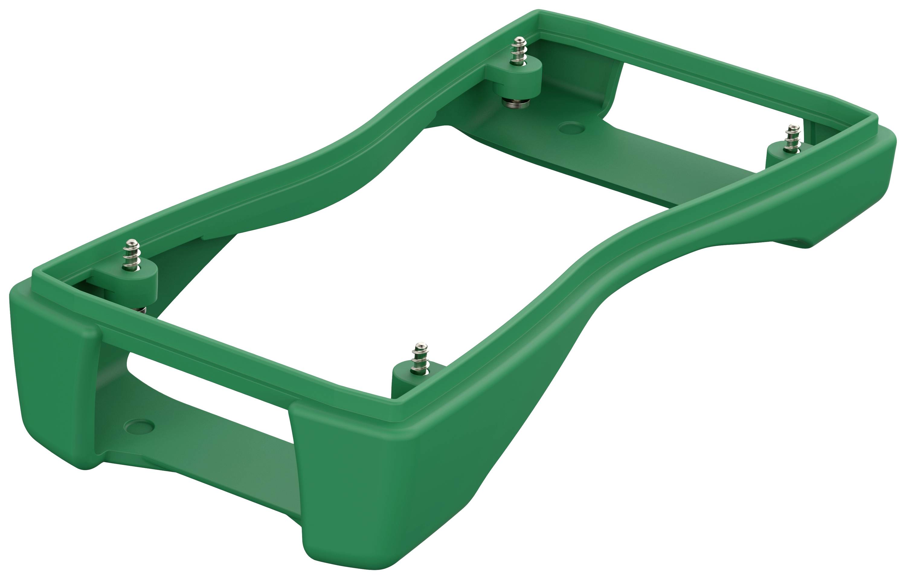 Green plastic mounting bracket with metal pins at the corners. Used for secure fastening or stabilising devices.