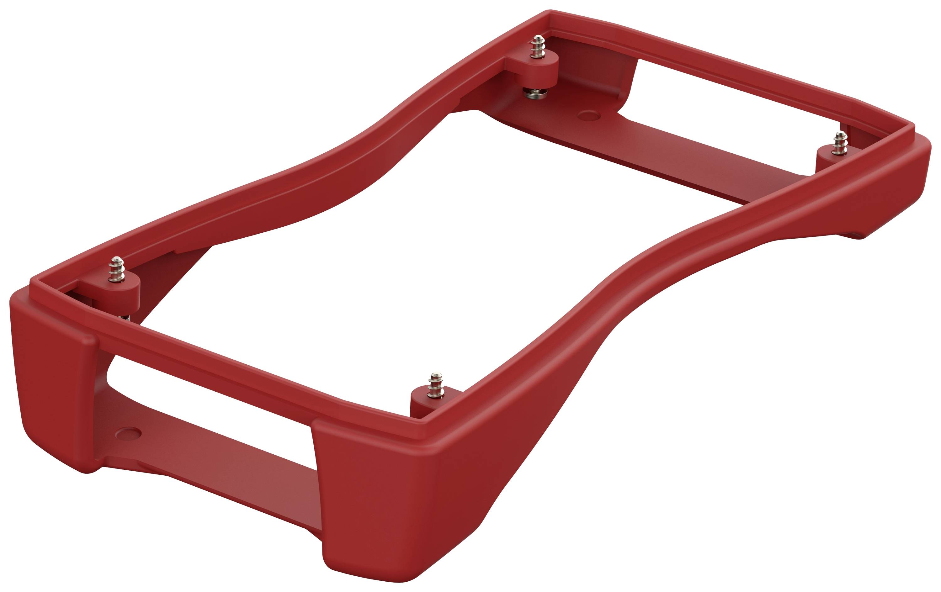Red plastic frame with mounting elements at the corners, likely for attachment or protective purposes.