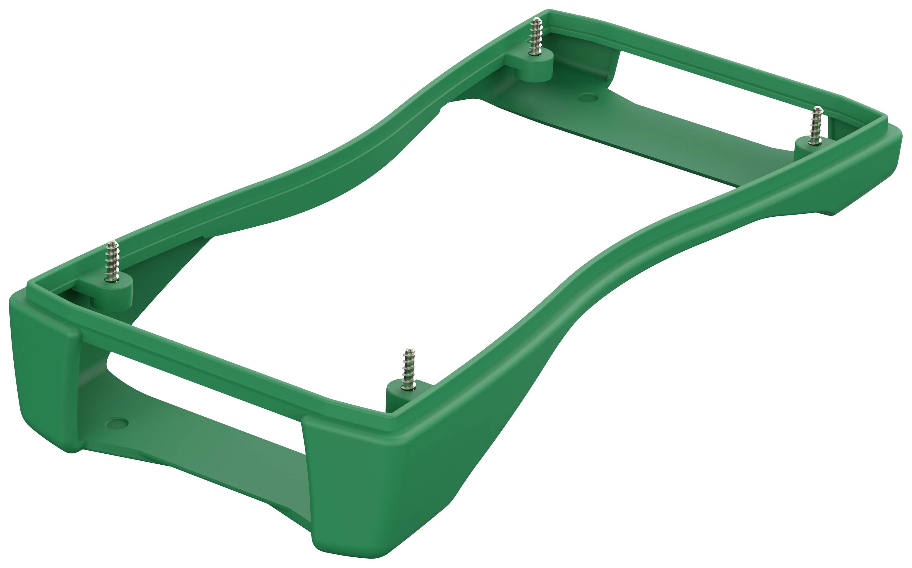 A green plastic frame with screws at the corners, presumably a holder or support frame for a technical device.