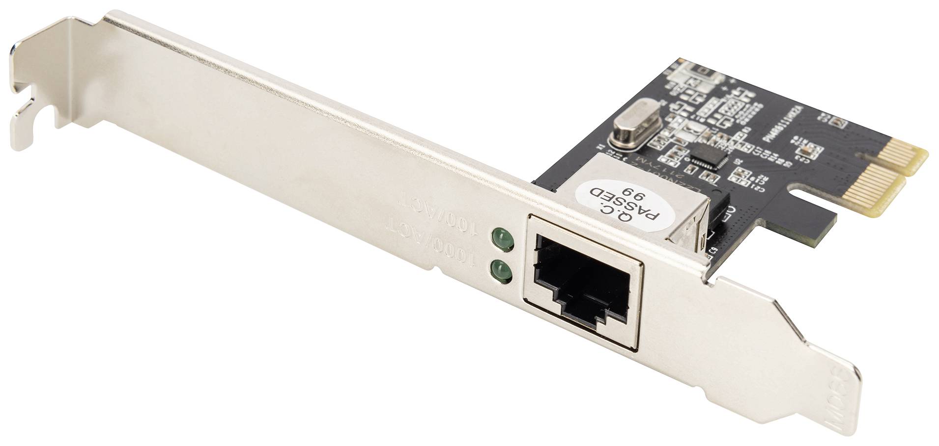 Close-up of a PCIe network card with an Ethernet port and green LED indicators on the back panel.