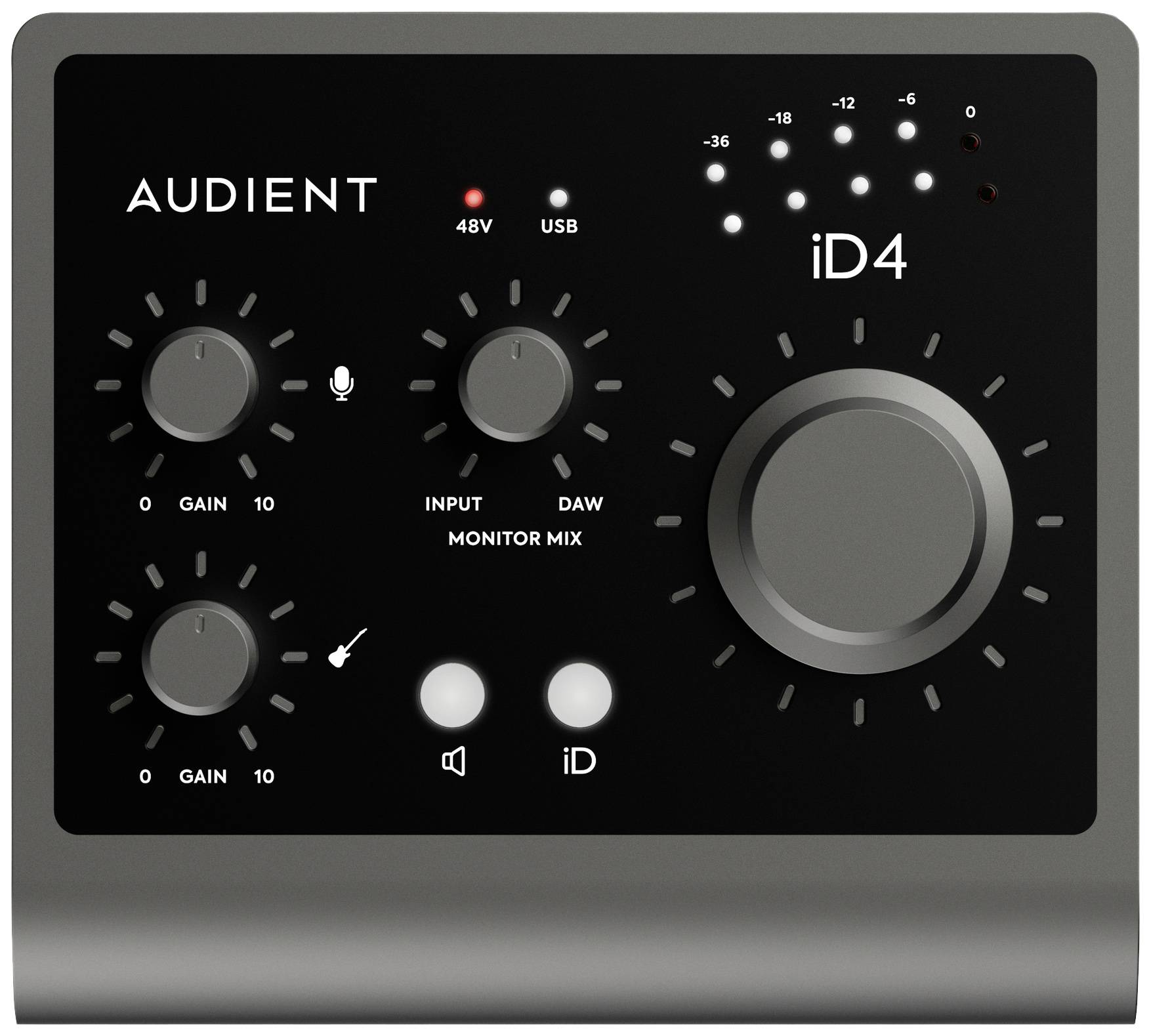 A black Audient iD4 audio interface with multiple buttons for controlling gain and monitor mix, along with a USB connection indicator.