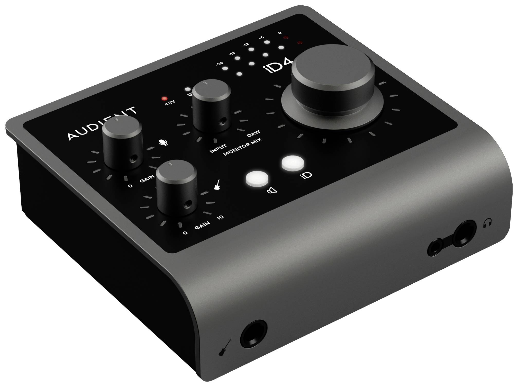 An audio interface with multiple faders, a large main volume knob and connections. 'Audient ID4' brand visible at the front.