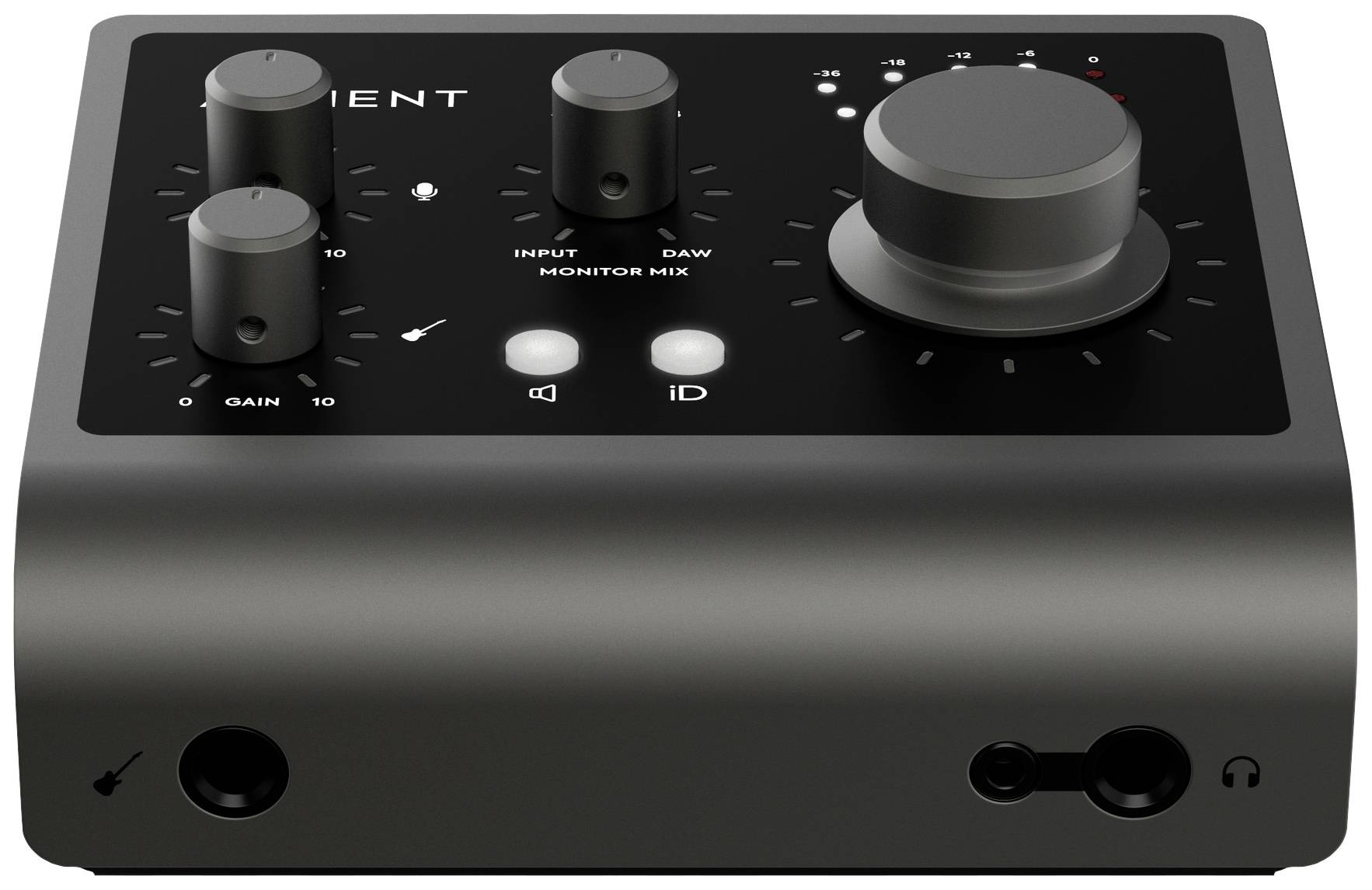 An audio interface with multiple controls and connections on a black surface. It has gain and volume knobs as well as sockets for headphones and microphone.