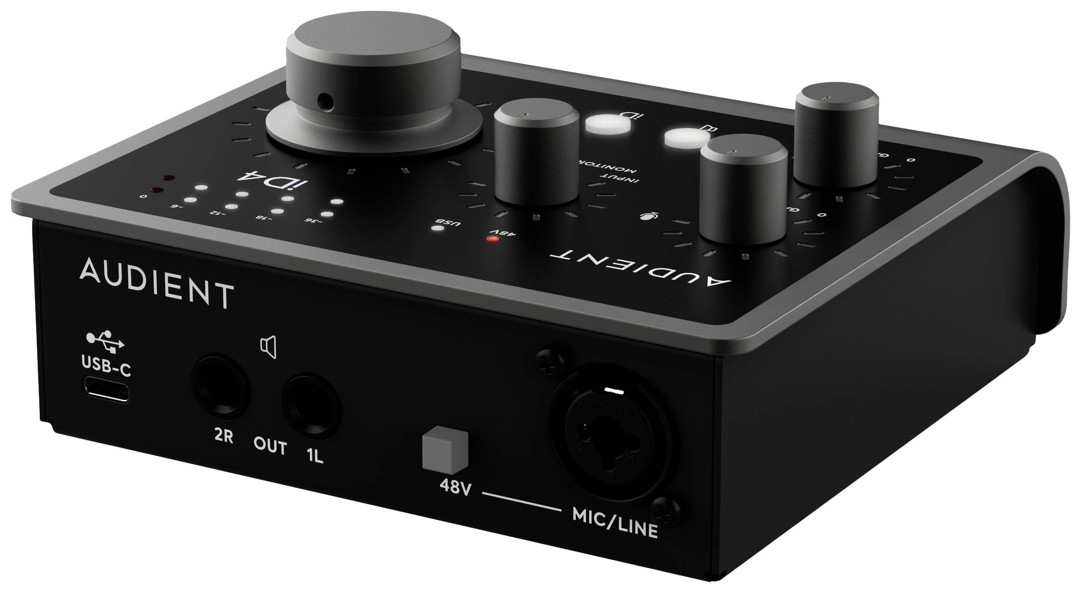 Black audio device with multiple controls and connections, including USB-C, microphone input, and speaker output. Brand 'Audient'.