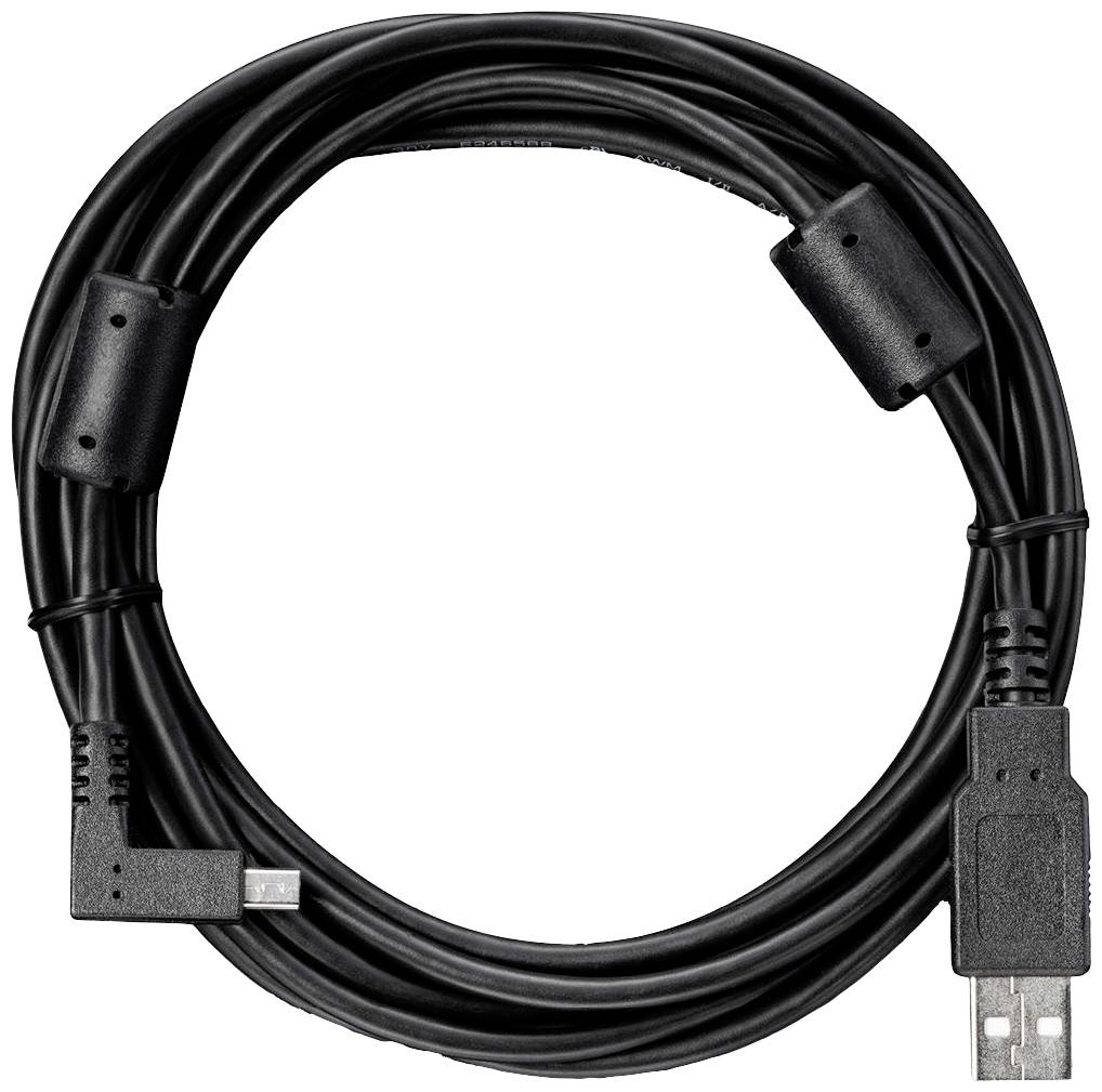 A long black USB cable with ferrite cores at both ends and a micro-USB plug on the left side.