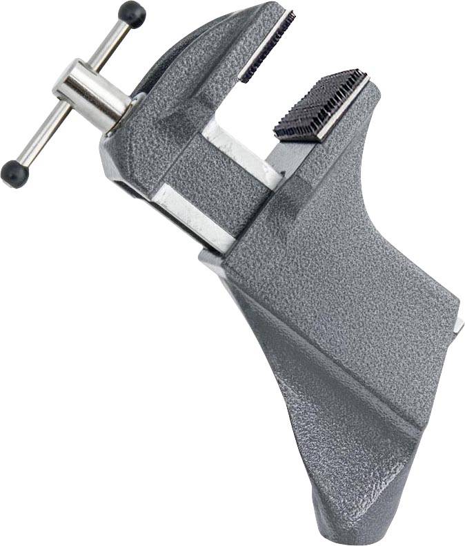 Vice with a silver handle and black, ribbed inner section, for clamping objects.