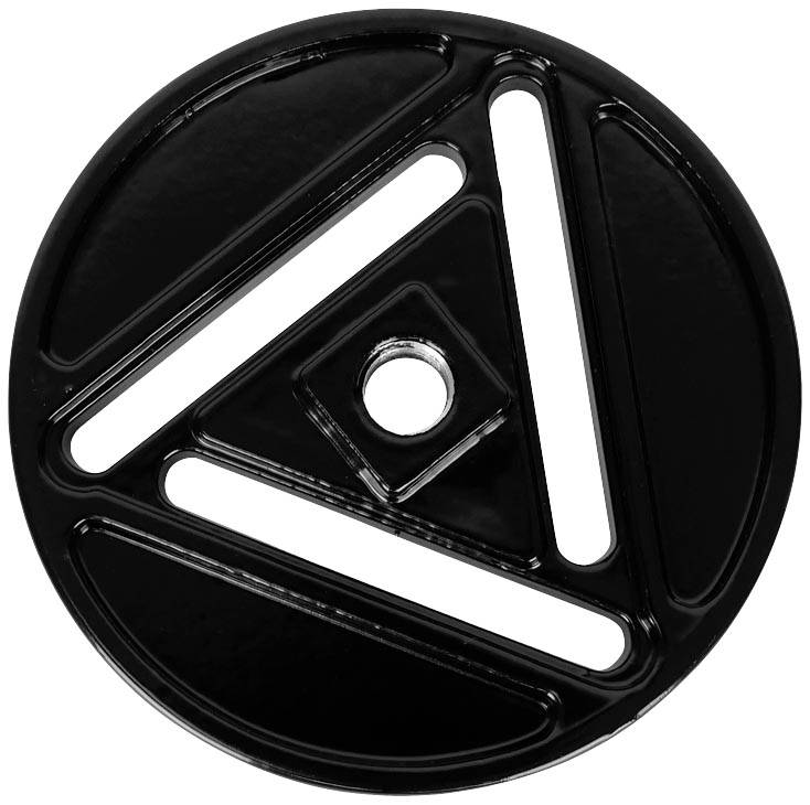 Black, round metal disc with a triangular pattern and a square hole in the centre, often used for weights.
