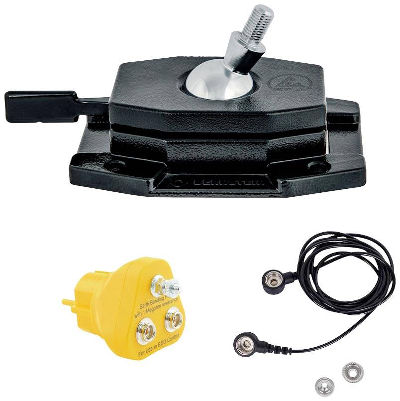 Black mounting bracket for antennas, yellow coaxial adapter and black cable set with connectors, suitable for communication devices.