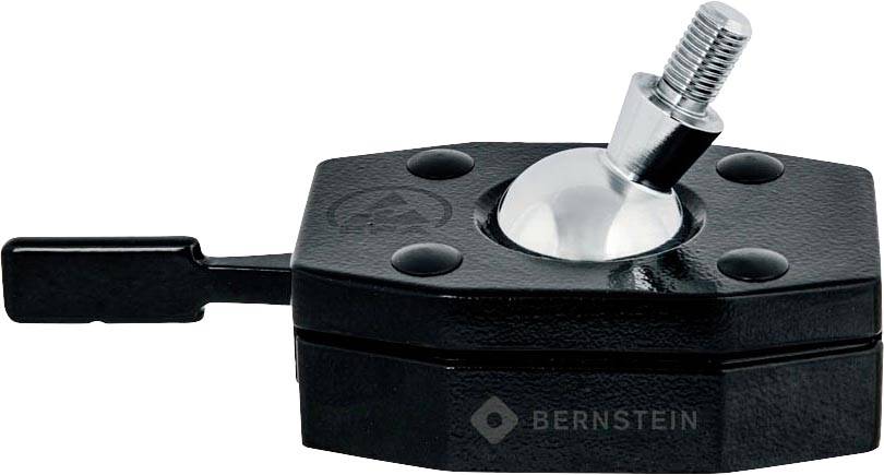 Metallic bench vice by Bernstein, black housing with silver ball joint and screw.