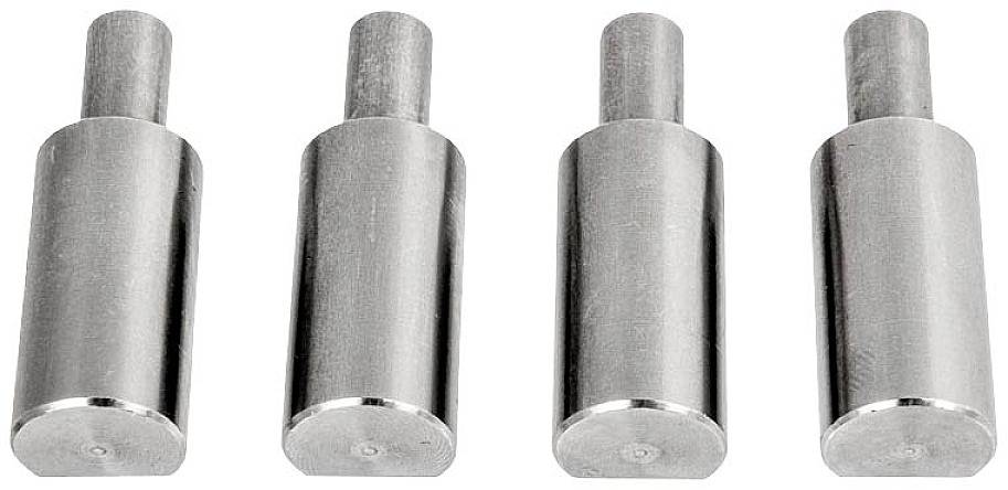 Four cylindrical metal pins, evenly arranged side by side and positioned vertically.