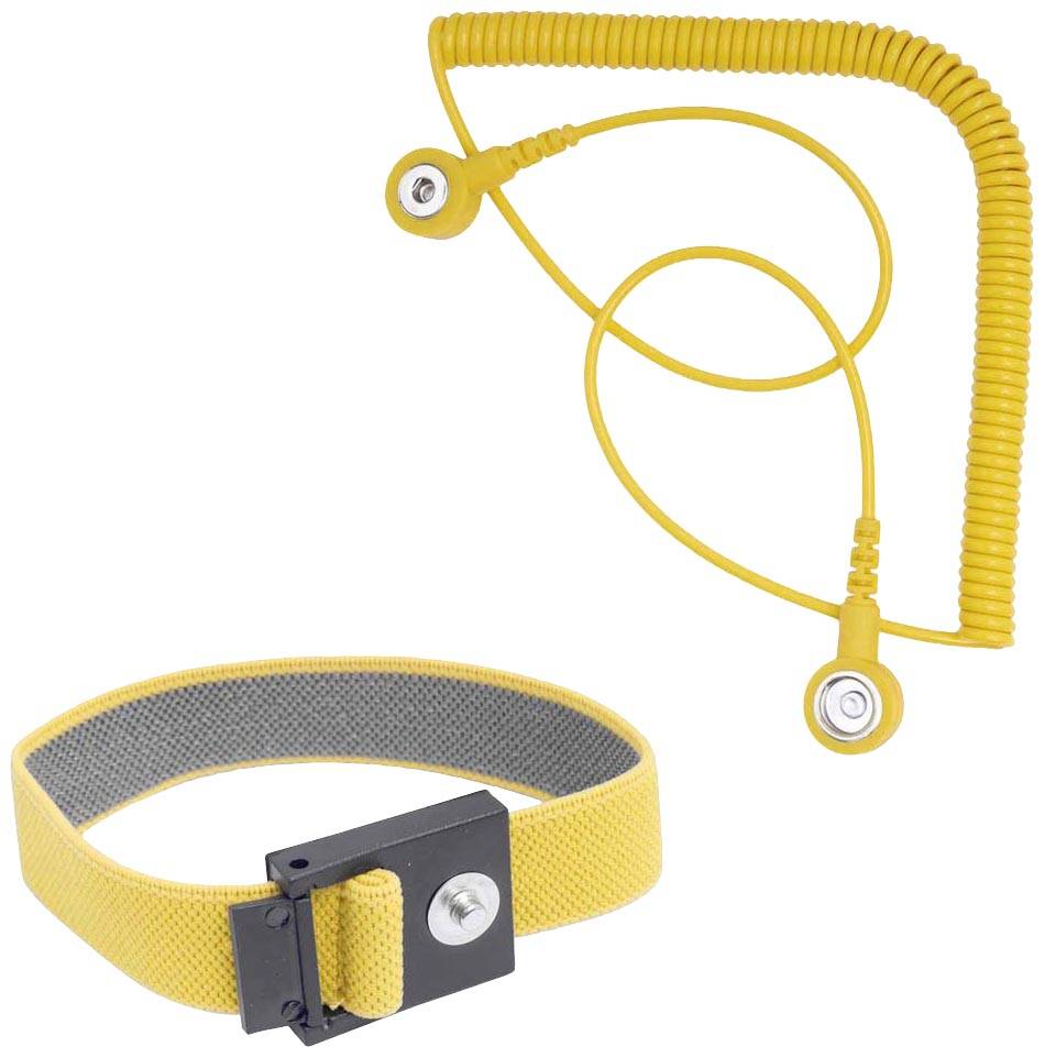 Yellow anti-static wristband and coiled cable for ESD safety. The band is adjustable, and the coiled cable allows earthing.