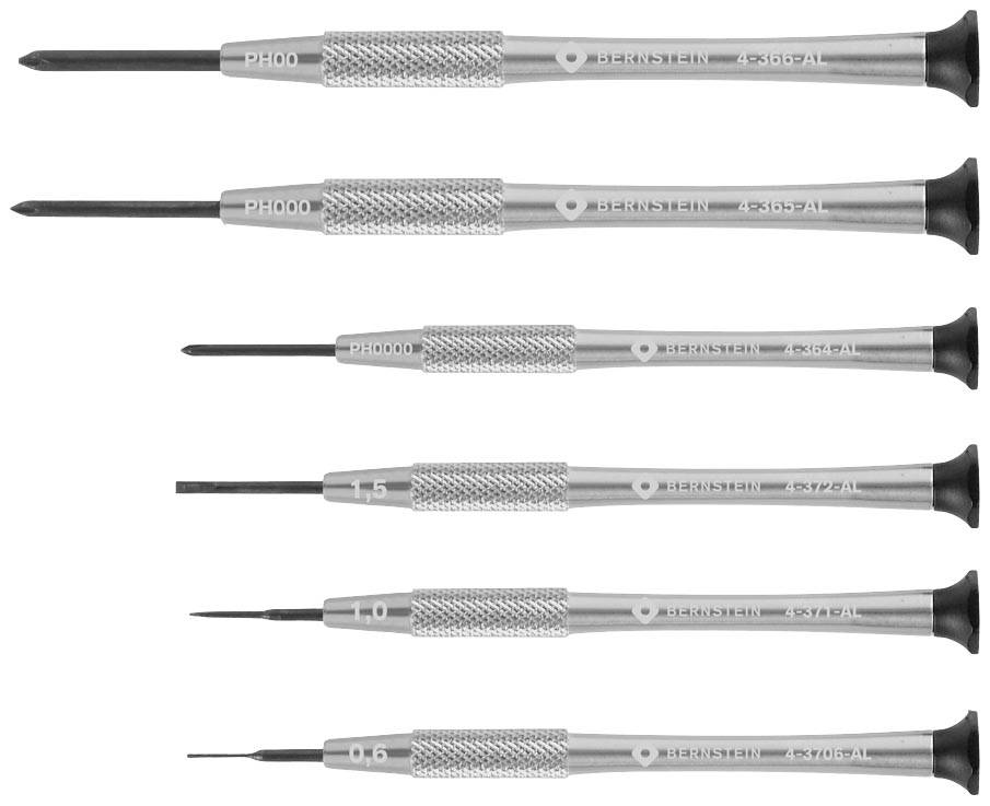 Six different precision screwdrivers with black handles, aligned in rows, each with a different tip.
