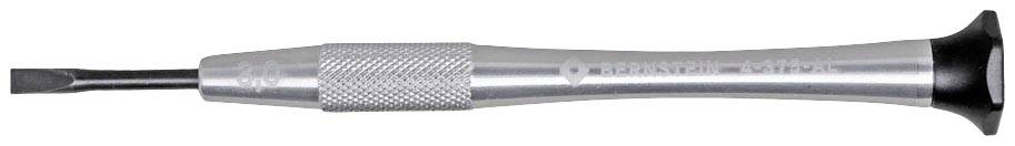A small, silver flathead screwdriver with a ribbed handle lies horizontally on a white background.