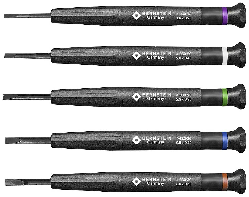 Five screwdrivers with different tips and grip markings in black, white, green, purple, and blue, labelled with size specifications.