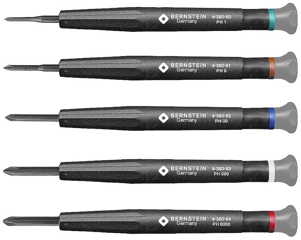 Five precision screwdrivers with differently coloured handles, various Phillips head sizes, are laid side by side.
