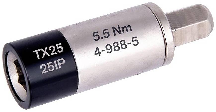 TX25 Bit, marking '5.5 Nm 25IP 4-988-5', hexagonal shaft, silver and black. Used for screw work.