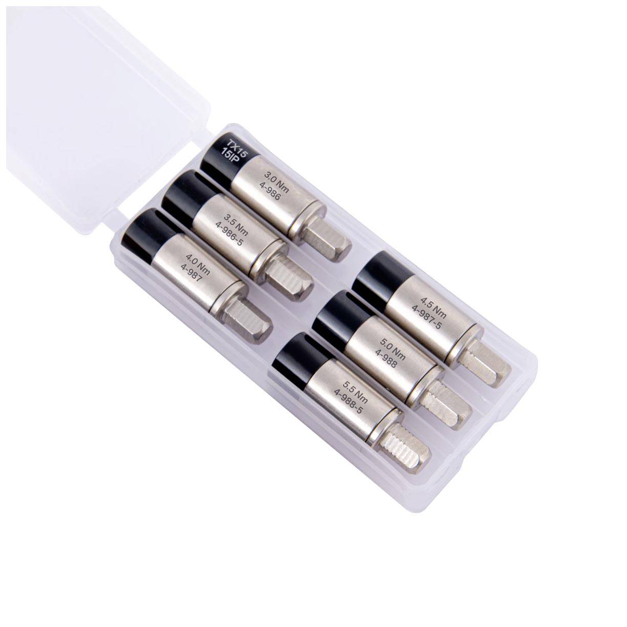 Six-piece bit set in a transparent plastic box, marked with various torque values from 2.5 Nm to 10.0 Nm.