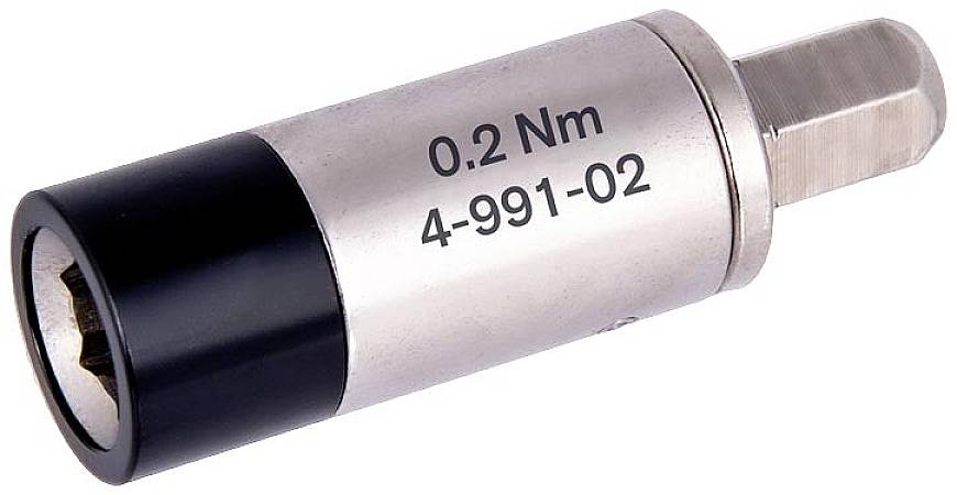 Torque screwdriver bit made of metal, marked with '0.2 Nm 4-991-02', used for precise screw tightening.