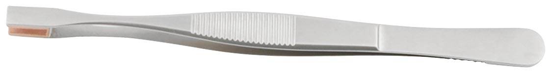 A silver tweezer with a ridged handle and a red tip, used for gripping and holding small objects.