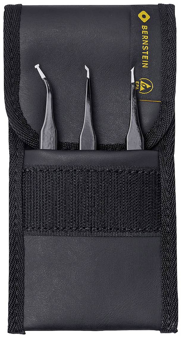 Three black tweezers in a black case with a yellow 
