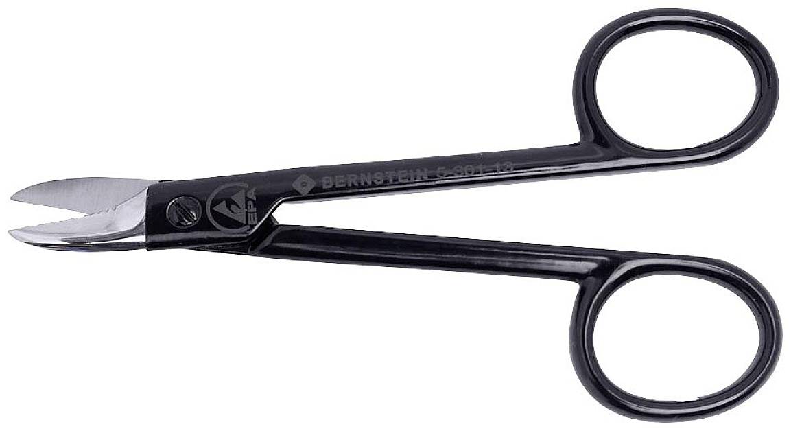 Black scissors with curved tips and two finger rings, suitable for precise cutting.