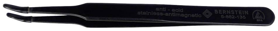 Black precision tweezers with curved tips, suitable for delicate electronic work and grasping small components.