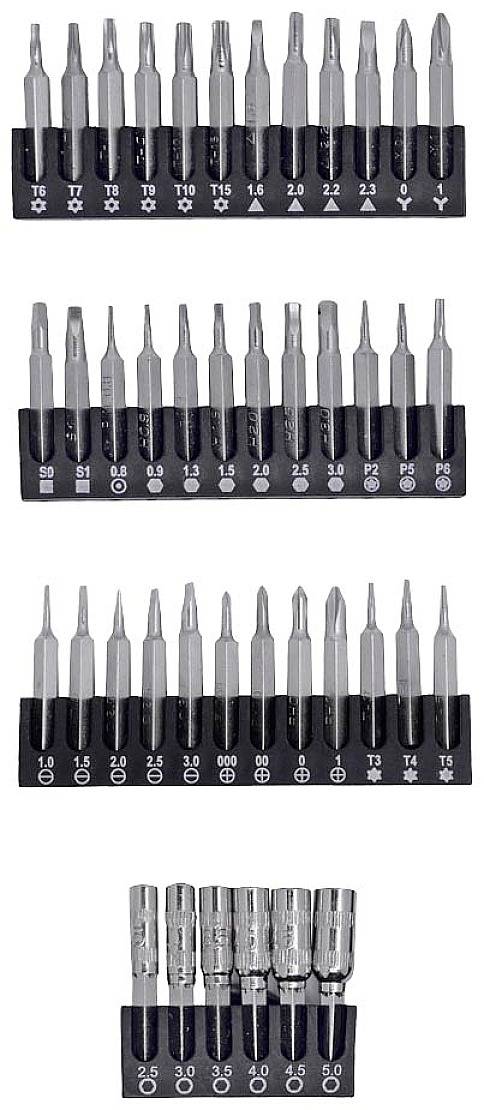 Set of screwdriver bits in different sizes and shapes, arranged in four rows.