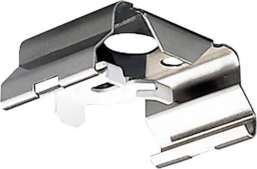 Metal brackets with holes, used for attaching items to structures, reflective surface.