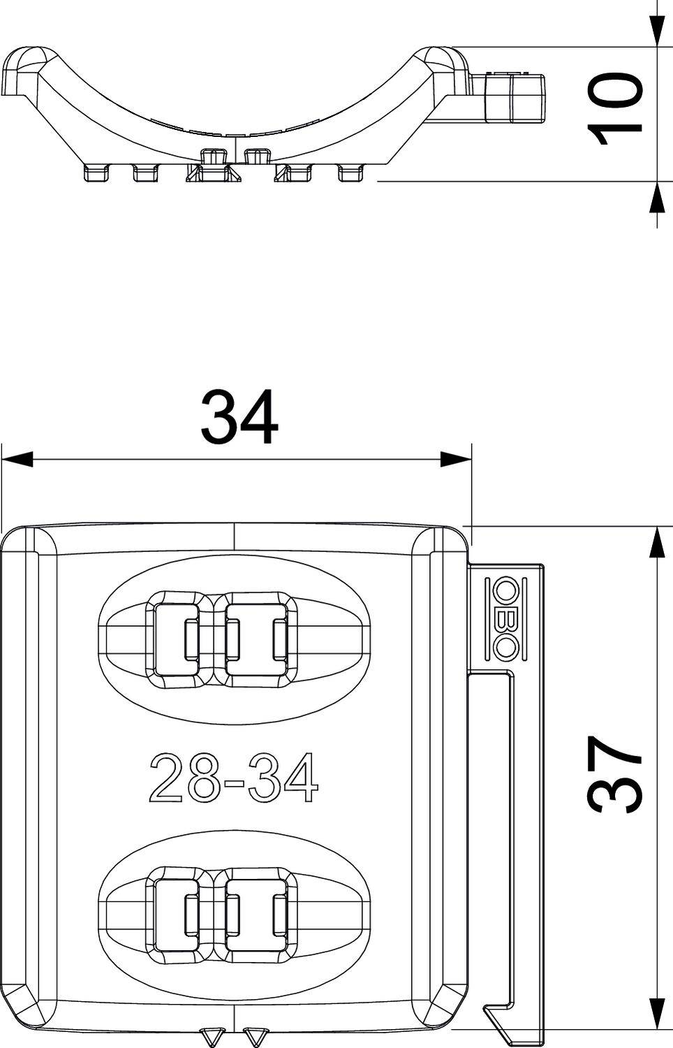 Technical drawing of a mechanical part with dimensions: width 34 mm, height 37 mm, upper component 10 mm. Marking '28-34'.