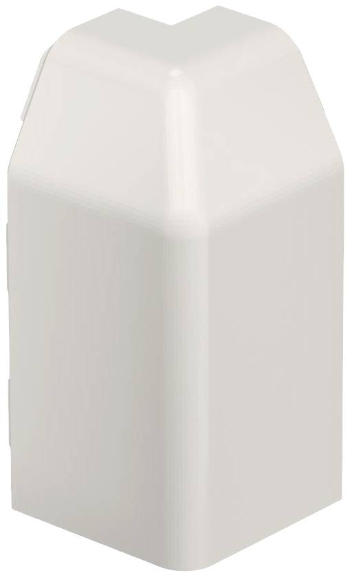 A white plastic right-angled corner piece, presumably used as a cover or connecting part for two intersecting components.
