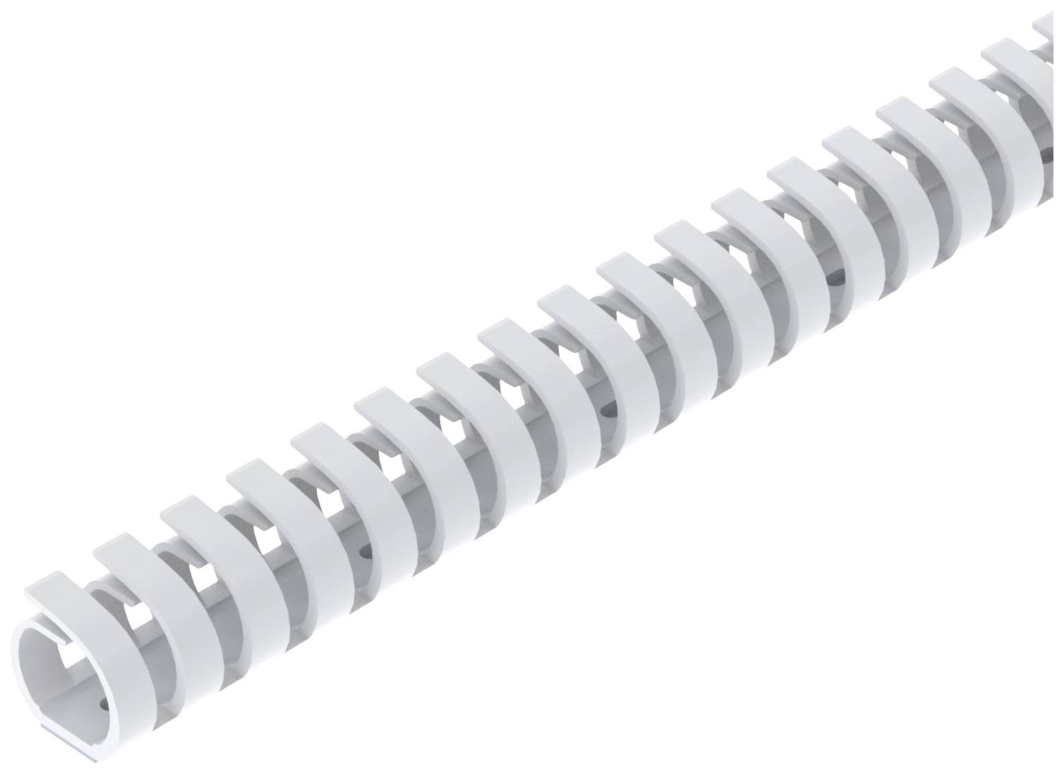 A white plastic cable spiral used for organising and bundling cables.