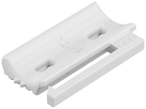 A white plastic part with side notches and holes. It is elongated and has a rectangular design.