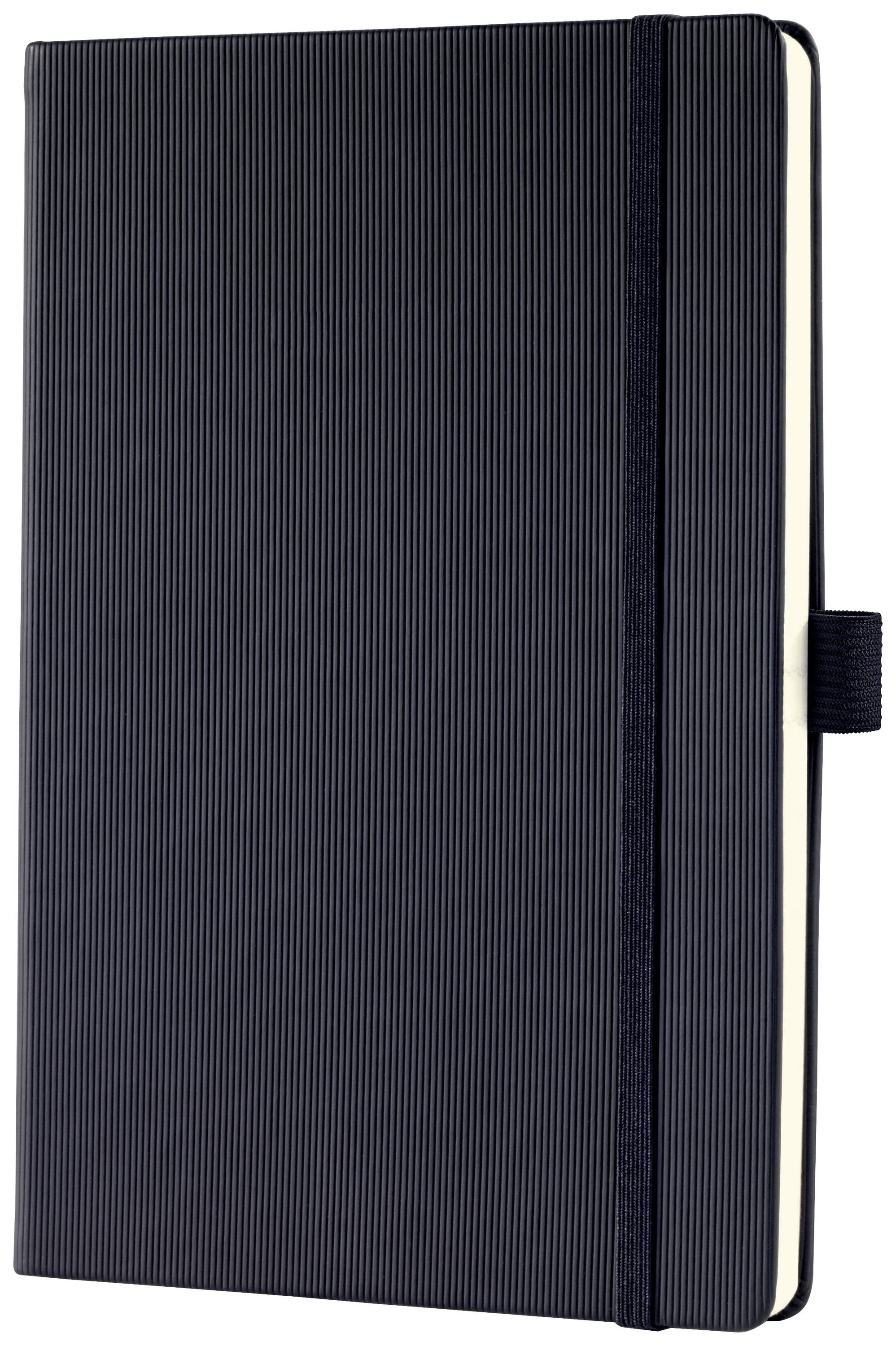 A closed notebook with a black cover and elastic closure band, standing upright.