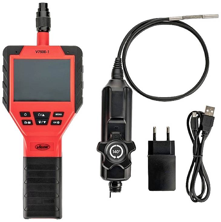 A red digital inspection device with a screen, camera, flexible cable, and accessories, used for examining hard-to-reach areas.