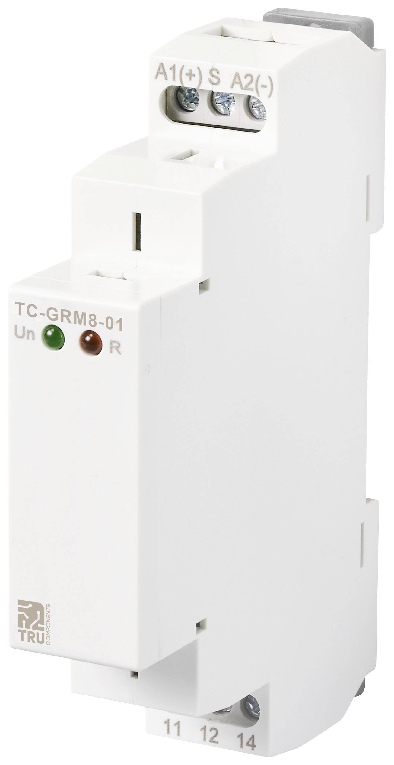 A white, rectangular electrical relay module with a green and red light to indicate operational status. Connections at the top.