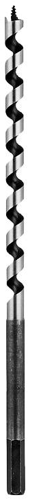A long, black drill bit with a spiral design, suitable for woodworking.