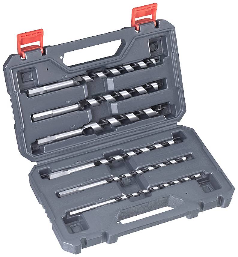 Opened plastic case with multiple drill bits in various sizes, neatly sorted in their designated holders.