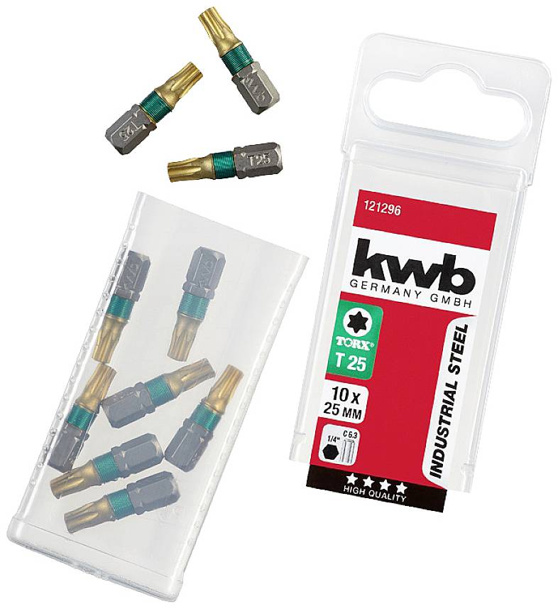 Packaging containing ten T25 Torx bits made from industrial-grade steel by 'kwb Germany GmbH', 25 mm long, designed for high-quality professional use.