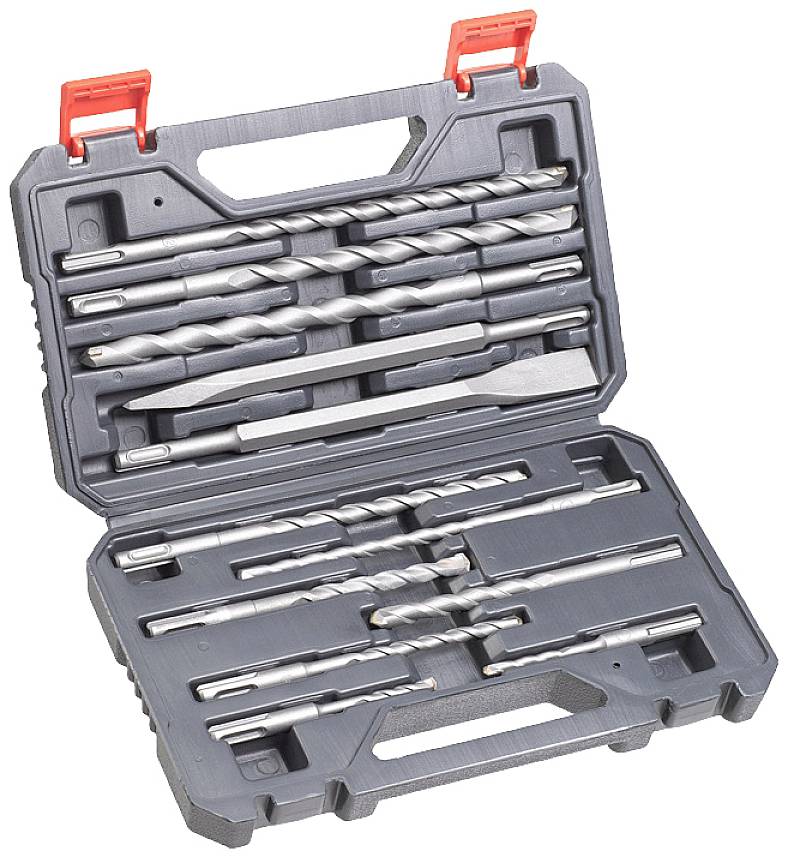 Drill bit set in an open plastic case. Various metal drill bits of different sizes are neatly arranged.