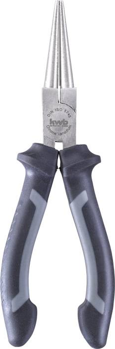 Pliers with black handles and pointed, silver jaws, used for precise gripping and cutting work in craft projects.