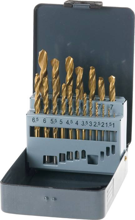 An open metal case containing 15 drill bits in various sizes ranging from 1.5 to 6.5 mm, arranged in holders with visible markings.