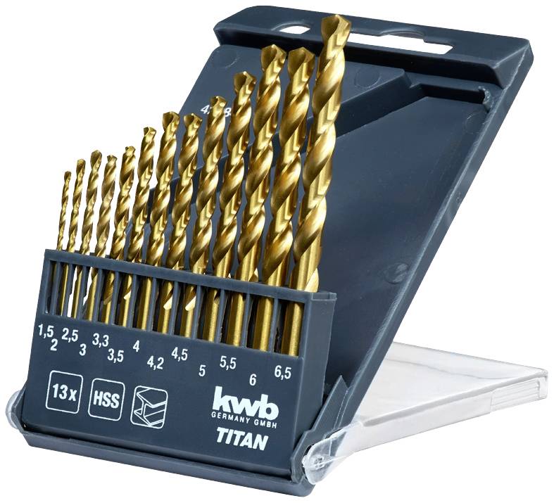 A set of 13 gold-coloured titanium twist drills in various sizes, ranging from 2 mm to 6.5 mm, housed in a black plastic holder.