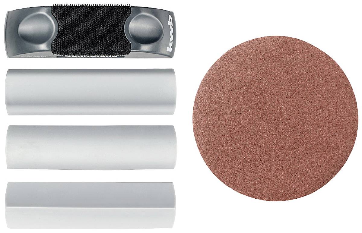 Hand sanding set with a handle with black hook-and-loop fastener, three differently shaped sanding sponges and a round sanding disc.